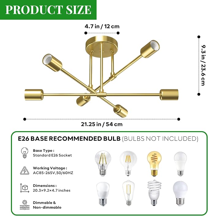 Modern Sputnik Chandelier Ceiling Light Fixtures, 6-Lights 22” Mid Century Industrial Metal Semi Flush Mount for Dining Room, Bedroom, Living Room-Brushed Gold