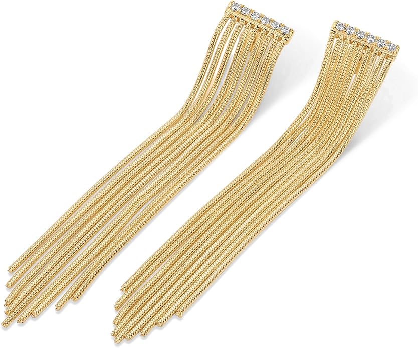 PAVOI 14K Gold Plated Long Tassel Dangle Earrings for Women - 925 Sterling Silver Posts Elegant Rhinestone Chain Chandelier Drop Earrings - Statement Jewelry