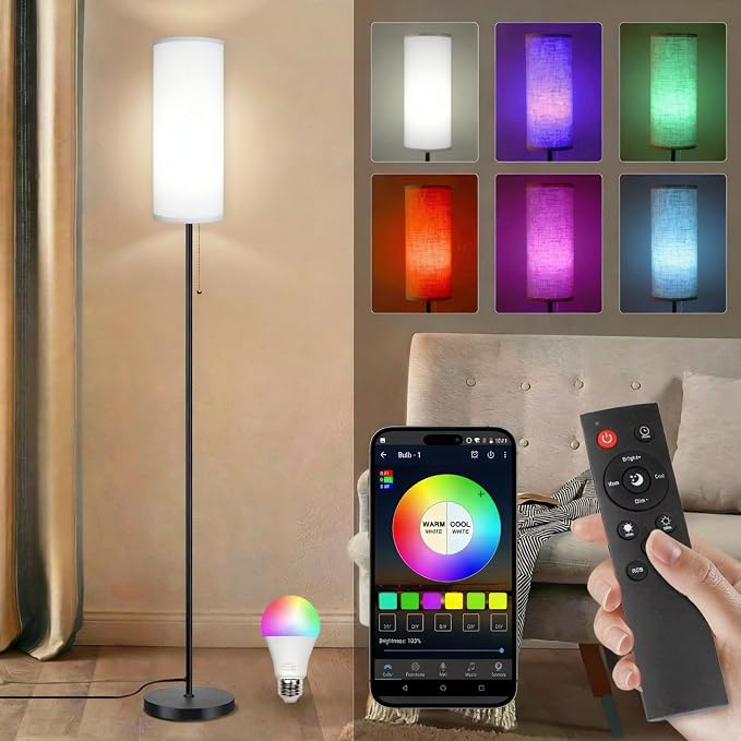 Floor Lamps for Living Room RGB Color Changing Bulbs Dimmable Color Brightness Modern Standing Lamp Remote Control Tall Lamp Chain Switch for Bedroom Office 9W LED Bulb Included, White Shade RGB Bulb
