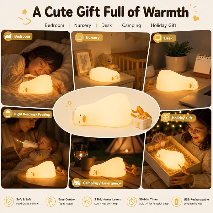 Cute Lying Flat Duck Night Light for Kids, Silicone Squishy Duck Lamp, 3-Level Dimmable Touch Control Bedside Night Light, USB Rechargeable Nursery Light for Baby Bedroom, Birthday Christmas Gift