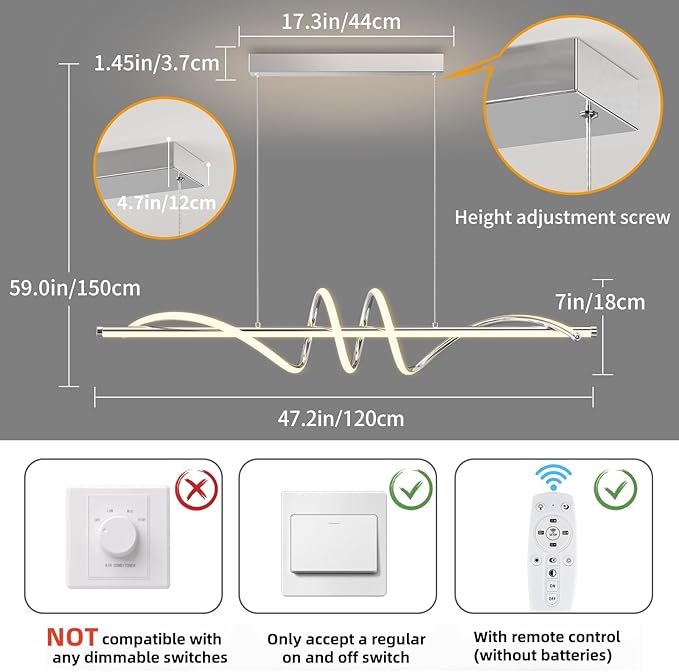 Modern LED Pendent Lights Kitchen Island,3000k-6000K Adjustable Color Dining Room Light Fixture,Dimmable with Remote Control Aluminum for Kitchen, Living, Dining,Bedroom(47in Chrome Silver