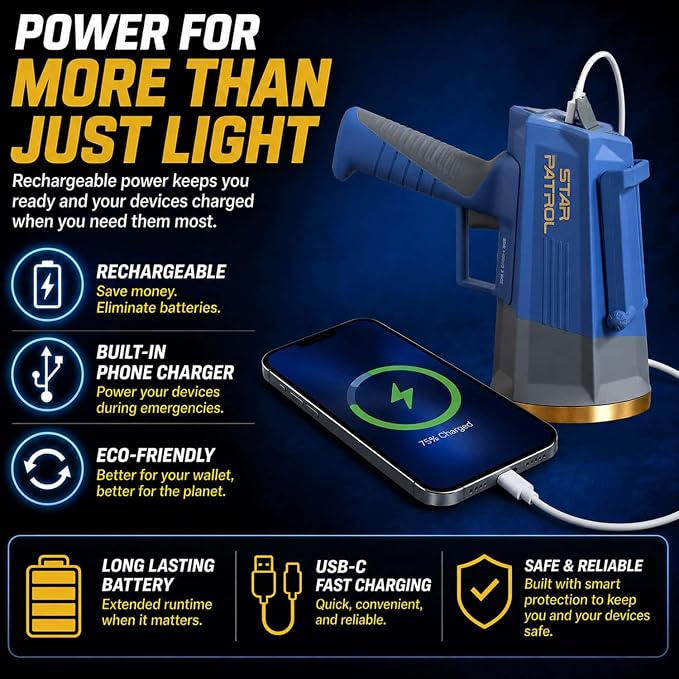 30,000 Candela Rechargeable Spotlight with Turbo Boost | Rechargeable spotlight with 10 light modes, Turbo Boost, kickstand and phone charger for emergencies and camping