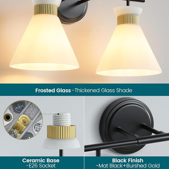 WOSHITU Bathroom Vanity Light Fixtures: 2-Lights Mid Century Modern Vanity Lights for Bathroom, Black and Gold Wall Sconce Lighting with Frosted Milky Glass for Over Mirror Bedroom Hallway