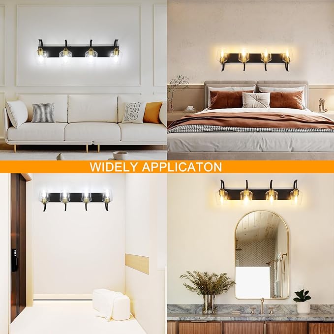 Black Bathroom Light Fixtures - 4-Light Vanity Light with Clear Glass Shades, 33.07'' Industrial Gold Wall Lights for Bedroom Hallway Living Room Kitchen