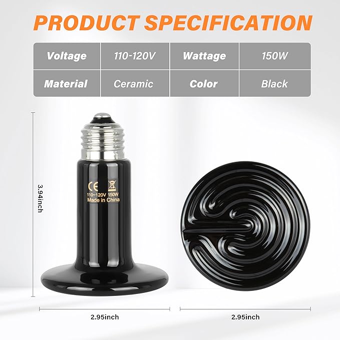 Simple Deluxe 150W Ceramic Heat Emitter, Reptile Heat Lamp No Light Emitting Heat Bulbs for Amphibian Terrarium, Bearded Dragon Lizard Snake Turtle, Brooder Coop Incubating Chicken