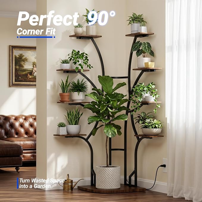 Barrina LS13 Corner Plant Stand with Grow Lights, 9-Tier, Full Spectrum | 63.8" Tall Plant Shelf, Warm T5 Grow Light, Timer, Tree-Shape Corner Flower Holder for Living Room, Home Decor, Gardening