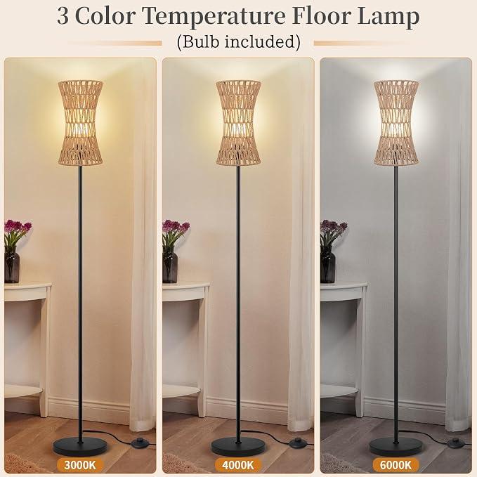 Ruiever Floor Lamp for Living Room,Farmhouse Floor lamp,Modern Standing lamp with Hand-Worked Rattan Shade (Slim Waist Rattan Shade-3 Color Bulb)