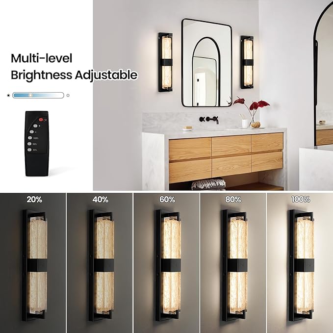 Battery Operated Resin Wall Sconce - Wireless Rechargeable Black Wall Light Dimmable LED Remote Wall Sconces Lighting Modern Cordless Vanity Light Fixtures No Wiring for Living Room Bedroom Bathroom