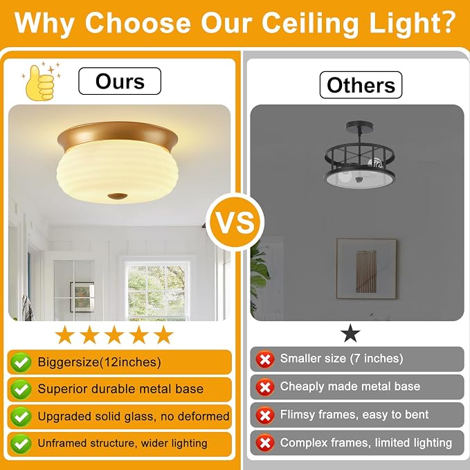 Gold Flush Mount Ceiling Light Fixtures, 2-Light Ceiling Mount for Modern with Clear Milk Glass Shade, Industrial Flush Mount Light Fixture Farmhouse for Hallway Kitchen Bedroom Entryway Foyer