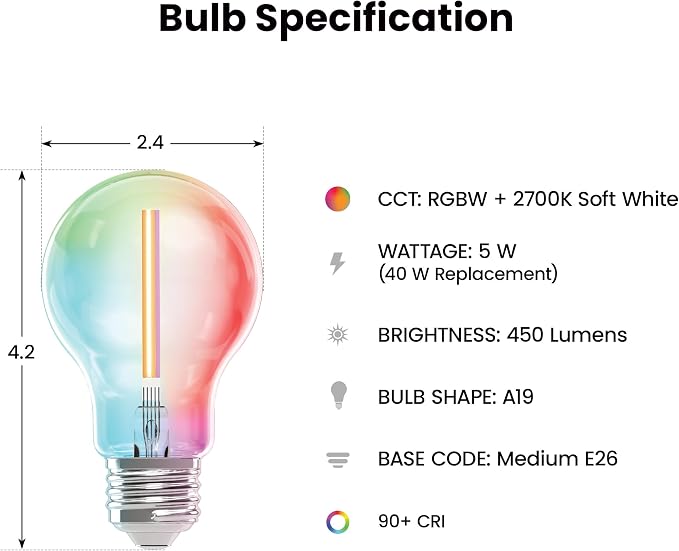 Feit Electric A19 LED Smart LED Light Bulb, 40W Eq, RGB Color Changing | Dimmable, Straight Filament, 2.4GHz Wi-Fi, App/Voice Control, Works with Alexa/Google Asst, Ideal for Decorative Fixtures