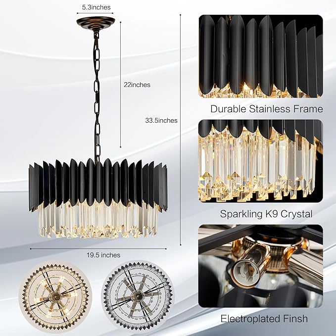 20" Black Crystal Chandelier 4-Tier Round 6 Lights Ceiling Light Fixture K9 Pendant Hanging for Entryway Foyer Dining Room Bedroom Living Room