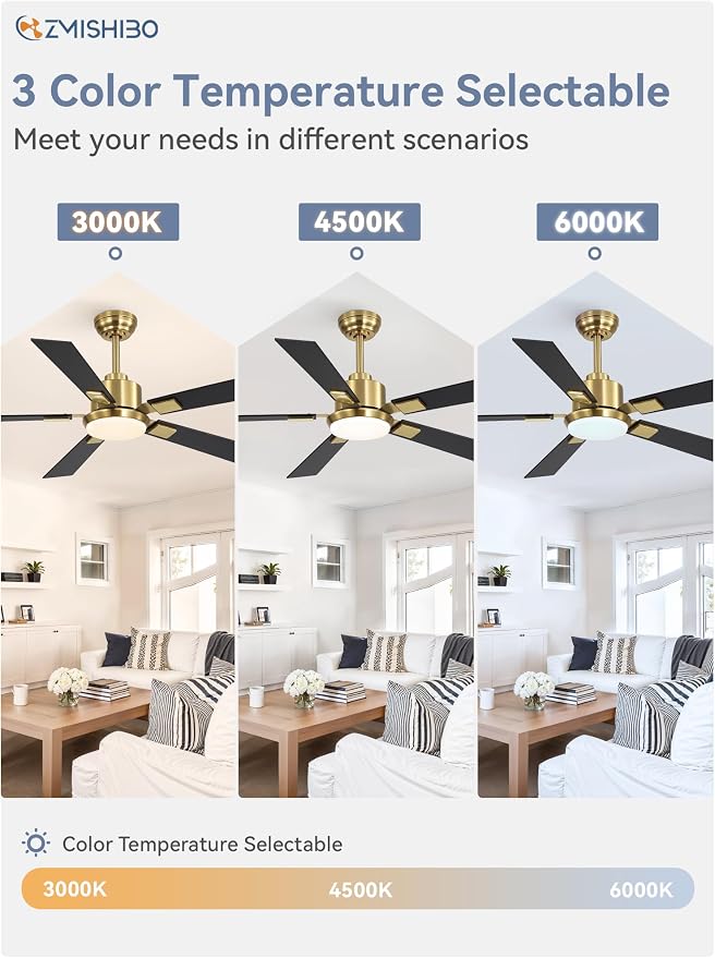 ZMISHIBO 52” Mid Century Ceiling Fan with Light, Remote, Black and Gold | High CFM Powerful Airflow, Quiet DC Motor, 3 CCT LED, Indoor/Covered Outdoor, Dual-Finish, Damp Rated
