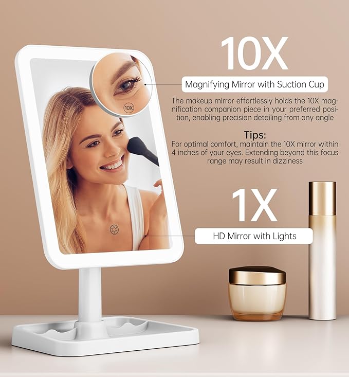 Lighted Makeup Mirror, Rechargeable Makeup Mirror with Lights, Vanity Mirror for Desk 360° Rotation, 3 Color LED Lights Detachable Light Up Mirror for Makeup Room Decor for Girls, Brithday's Day Gifts