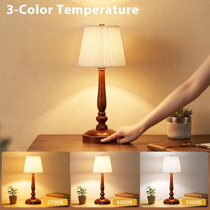 15.5'' Wireless Table Lamp, 5400mAh Rechargeable Small Bedside Lamp, White | Wood Base, Fabric Lampshade, Built-in LED, 3 CCT, Stepless Dimming, Memory Function, Nightstand Lamp for Bedroom, Living Room