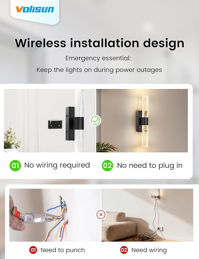 VOLISUN Battery Operated Wall Sconces Set of Two,Black Sconces Wall Decor Set of 2,Wireless Wall Sconces with Remote,Rechargeable Wall Light for Living Room,Bedroom,Bathroom,Vanity (15.3 inch)