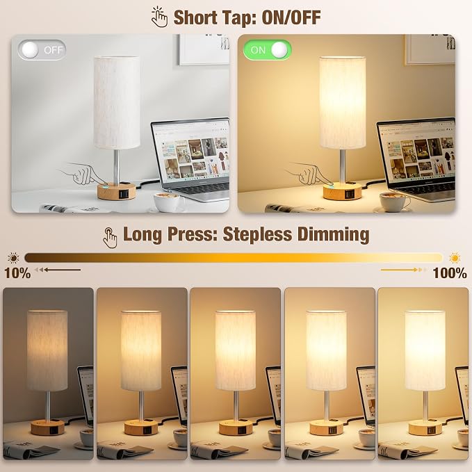 Touch Bedside Table Lamp for Bedroom, Stepless Dimmable, USB A+C, AC Outlet | Base Touch Button Only, Memory Brightness, Ultra-dim Night Light, Included Bulb for Optimal Dimming, Wood Grain Base, Nursery