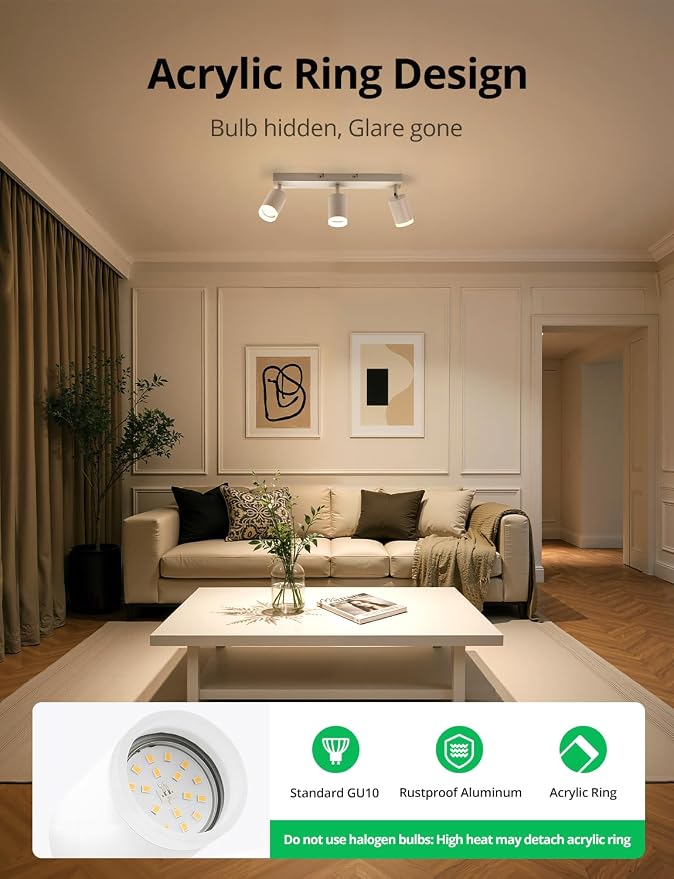 Bojim LED Track Lighting Fixtures Ceiling Mount for Kitchen, 3 Light Modern White Track Lights with Acrylic Ring, Adjustable Spot Lights for Dinning Living Room Hallway, GU10 Base (Bulb Not Included)
