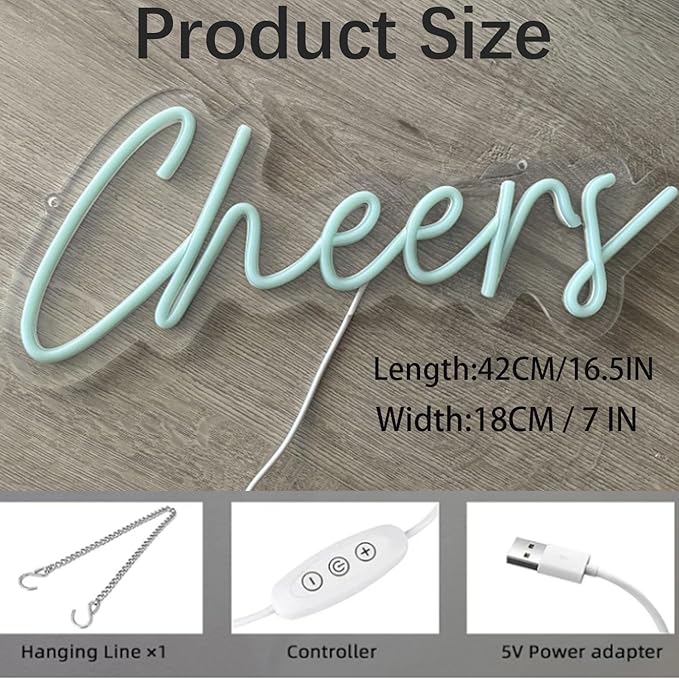 Cheers Neon Sign USB Powered with Dimmable Switch,LED Neon Light Sign for Wall Background Decor,Cheer Light Up Sign Neon for Bar Birthday Party Wedding 16.5 * 7in(Ice Blue)