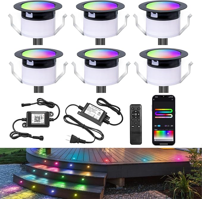 Sumaote LED Deck Lights Kit, 6 Pack 1.22" WiFi Smart RGBW+IC Multicolor | Recessed Low Voltage 12V IP67 Waterproof, App Control Dynamic Color Changing, for Outdoor Step Stair Garden Yard Landscape