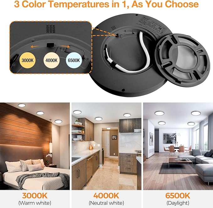 9 Inch LED Flush Mount Ceiling Light Fixture, 3000K-4000K-6500K Light Fixture, 1Pack Closet Round Surface for Bathroom Laundry Bedroom Hallway, Black