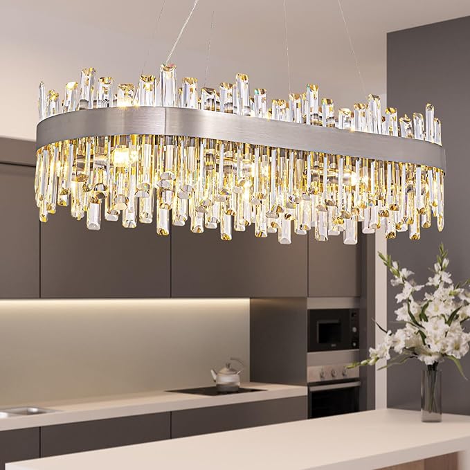 Siljoy Modern Crystal Chandelier, Luxury Rectangular 2-Tiers K9 Crystal Raindrop Chandelier, 16-Light Adjustable Hanging Crystal Ceiling Light for Dining Room Living Room Kitchen L35.4''