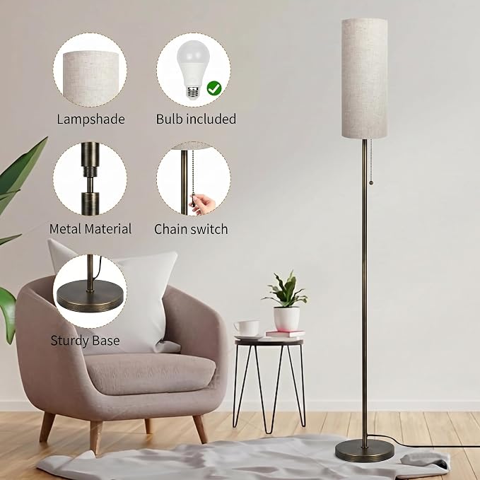 Ldeco Floor Lamp for Living Room Modern Standing Lamps with Lampshade Minimalist Tall Lamp with Switch Ajustable Color for Bedroom Reading LED Bulb Included Gold Black Brushed Body+Beige Shade