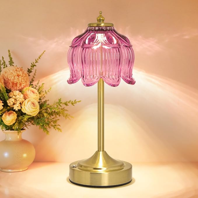Cordless Table Lamp, Rechargeable Purple Glass Lotus Flower Lamp | 5200mAh touch lamp with 3 color modes and stepless dimming, battery operated lamp for nightstands and kitchen counters