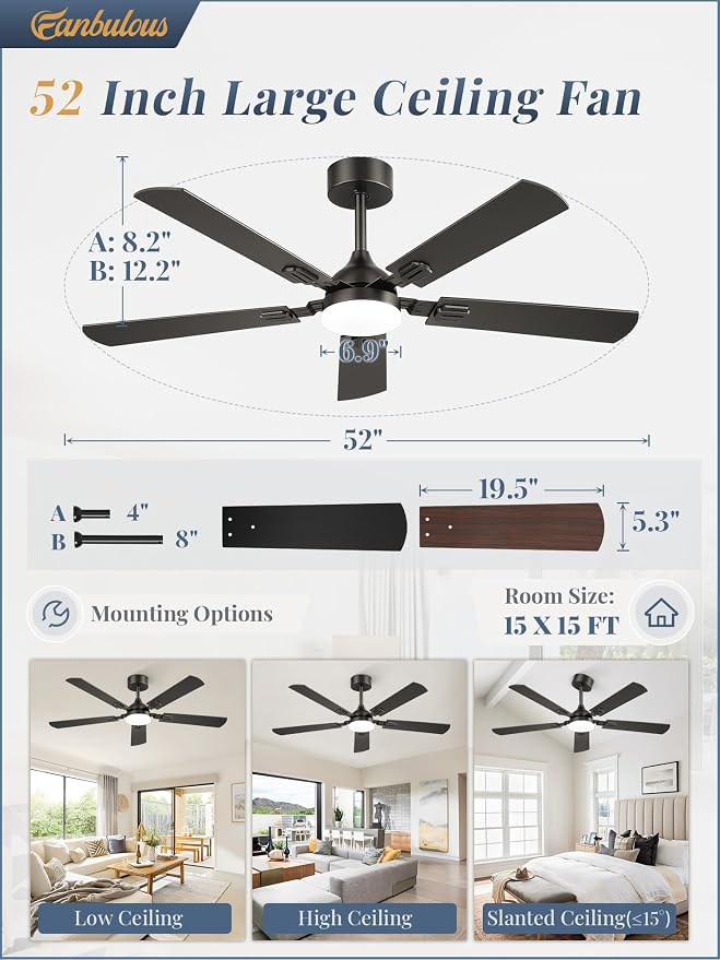 Fanbulous 52 Inch Modern Ceiling Fans with Lights | 6 Speeds,3CCT,Timer,Remote Control,Quiet Reversible DC motor,5 Double-sided Blades,Outdoor,Easy Installation,Black