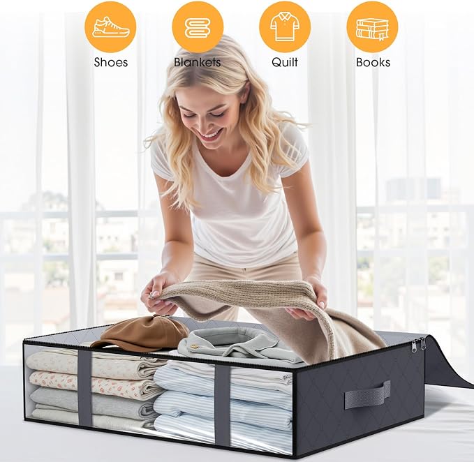 StorageRight Under Bed Storage Bags, 8 Pack, 40L, Gray | Breathable Non-Woven Fabric with a Clear Window and Zippered Top for Clothes, Comforters, Blankets and Seasonal Storage