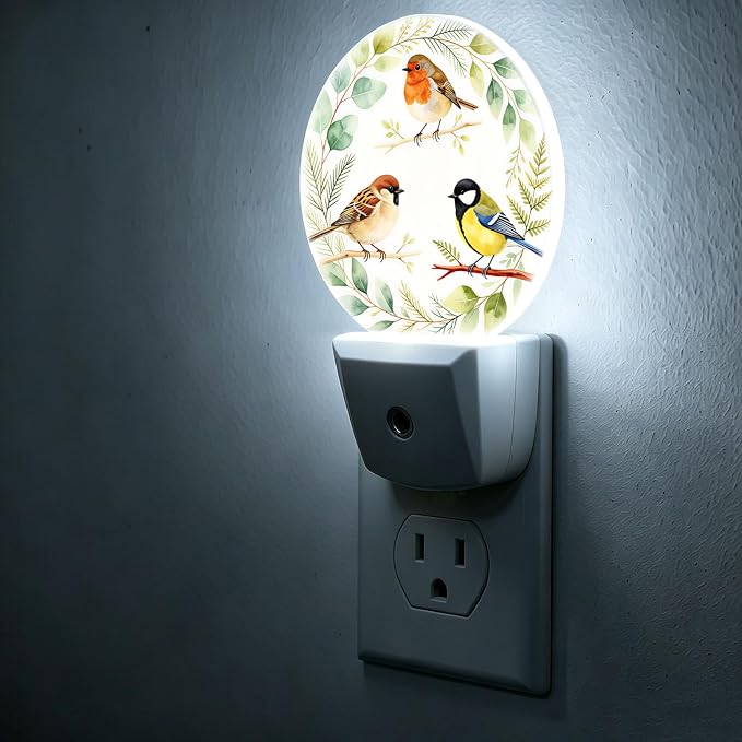 Nightlight Retro Vintage Bird Night Lights Plug Into Wall Auto Sensor | Three Birds Green Leaves Night Light Auto Led Sleep Round Lamp for Living Room Hallway Stairs