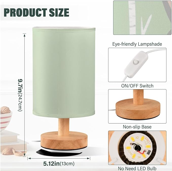 Cute Gray Rabbit in Forest Light Green Bedside Table Lamps with USB Port for Bedroom LampSmall Nightstand Lamp Sturdy Linen Shade Wooden Base Decorative Lamps for Nursery Kids Reading Dorm Home