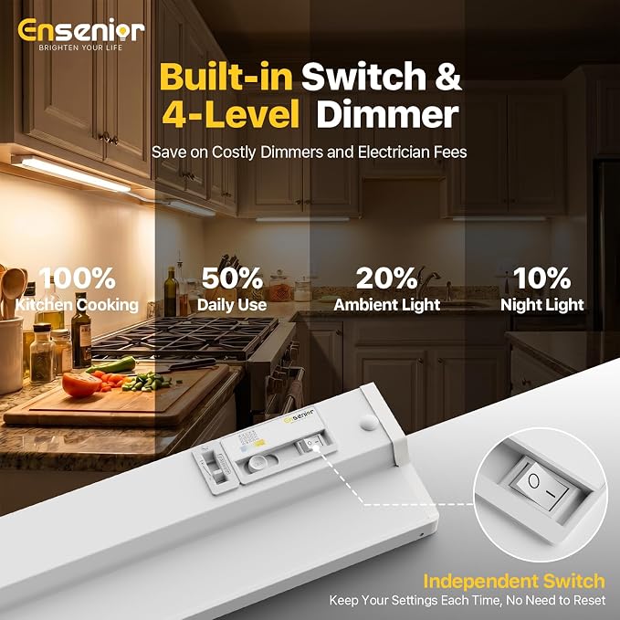 Ensenior Plug in or Hardwired Under Cabinet Lighting, 36 Inch 18W, 2 Pack | Heat-dissipating Aluminum, Built-in Switch & 4-Level Dimmer, 5 Colors, 2 Link Options, True-Color CRI90+, Moisture-Proof, FCC