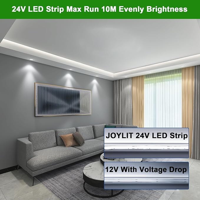 JOYLIT COB LED Strip 24V 32.8FT 6000K 7650LM Dimmable for Cabinets, Closets | CRI 90+, 120° Narrow Beam, 384 LEDs/m Cool White, Dot-less No Dark Spot, Cuttable , Easy Peel & Stick ( Strip Only )