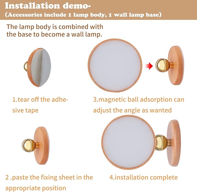 Wooden Led Wall Sconce, 360° Rotatable Dimmable Wall Lights Rechargeable Wall Lights Battery Operated Magnetic Led Night Light for Reading Light and Household Lighting (Beech Wood 1pcs)