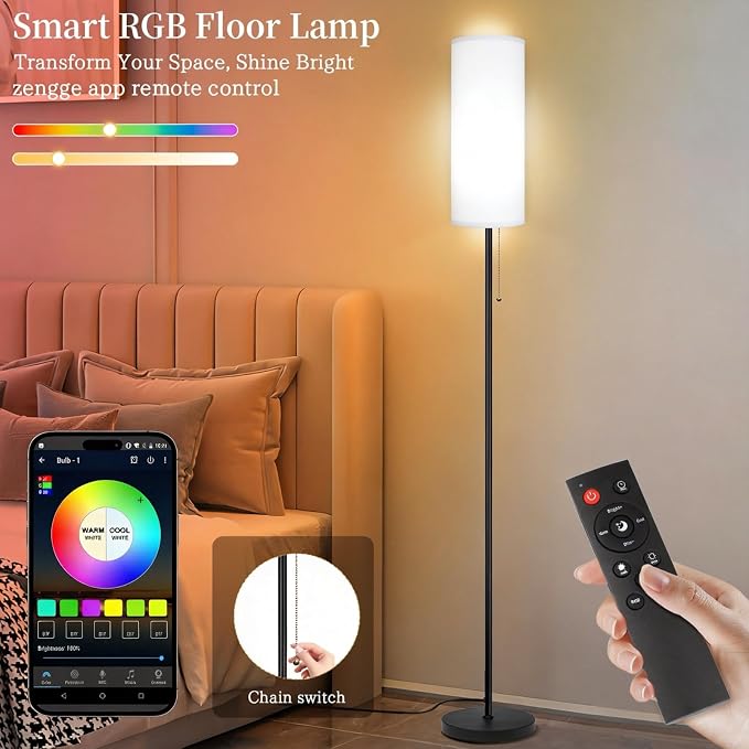 Floor Lamps for Living Room RGB Color Changing Bulbs Dimmable Color Brightness Modern Standing Lamp Remote Control Tall Lamp Chain Switch for Bedroom Office 9W LED Bulb Included, White Shade RGB Bulb