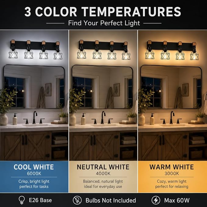 Farmhouse Vanity Light Fixture,4-Light Bathroom Lighting,Black Industrial Wood Wall Light Over Mirror with Metal Shade,LED Bulbs Not Included
