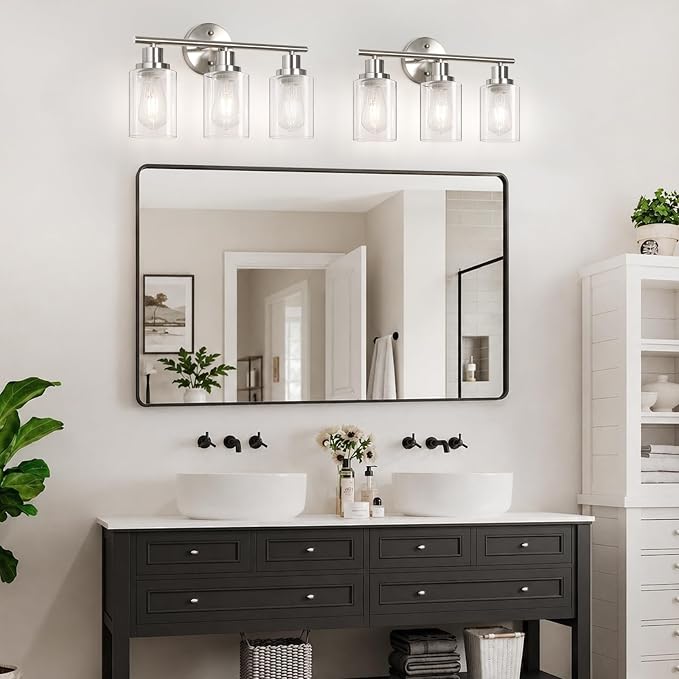 Modern Bathroom Light Fixtures, 3 Light Vanity Lights with E26 Bulbs, Brushed Nickel Wall Lamp with Clear Glass for Mirror Living Room Hallway Cabinet Porch