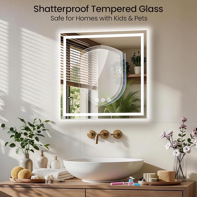 36x36 LED Bathroom Mirror with Anti-Fog, Backlit & Front Lit, Memory | Stepless Dimmable 3 Color CRI 95+ Shatterproof Tempered Glass ETL Listed for Safety Lighted Bathroom Vanity Mirror for Wall
