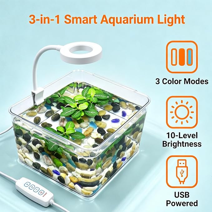Small Aquarium Light Clip on Fish Tank Light LED USB Full Spectrum Light with Dimmer Multi-Color White+Blue+Red for 1-5 Gal Betta Tank (Adapter NoT Included, No Timer)