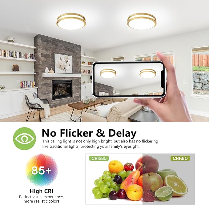 Flush Mount Ceiling Light - 2 Pack 14″‌ 36W 3000K/3500K/4000K/5000K/6000K Dimmable Led Ceiling Light Fixture for Kitchen Hallway Bedroom Bathroom (2, Brushed Gold, 14 Inch)