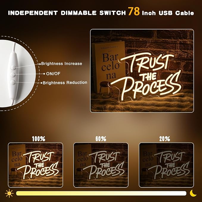 Trust The Process Neon Sign for Wall Decor Classroom Neon Light Warm White Letter LED Light Dimmable Gym Light Up Sign for Library Classroom Home Man Cave Office Bedroom Bar