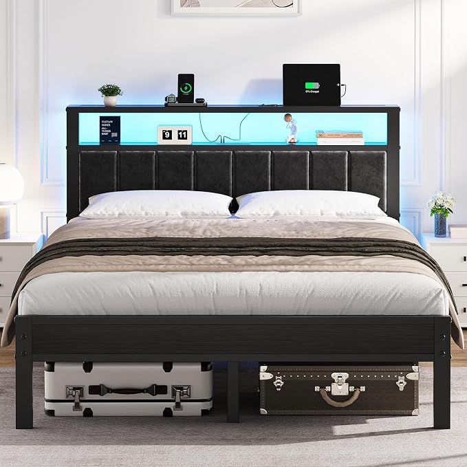 OLEVS Queen Size Bed Frame with LED Lights & Charging Station, Modern Platform Bed with 2-Tier Storage Headboard, No Box Spring Needed, Noise Free