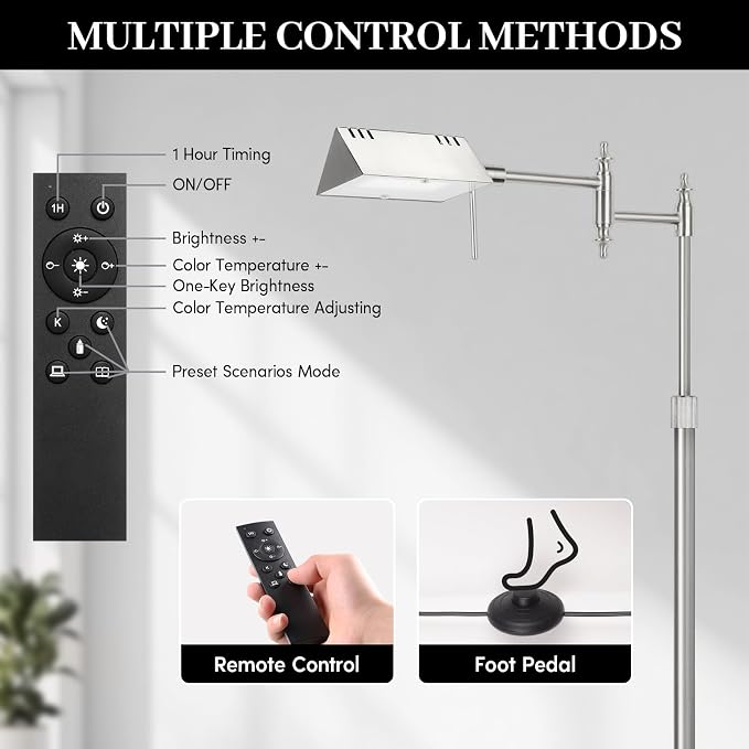Bairth Brushed Nickel Reading Floor Lamp, Dimmable Pharmacy Standing Lamp | 3 Color Temperature, Dimmable, 17W LED, Height Adjustable, 360°Swing Arm, for Living Room, Bedroom, Office, Craft & Sewing