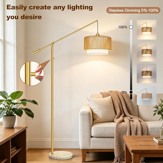 【Upgraded】Arc Floor Lamp for Living Room, Boho Dimmable Swing Arm Floor Lamp with Rattan & Fabric Shades, Gold Rattan Standing Lamp with Marble Base, Farmhouse Adjustable Tall Lamp for Bedroom Office
