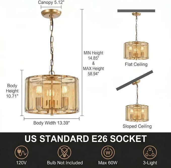 Gold Chandeliers for Dining Room,3-Light Pendant Lights Kitchen Island Round, Height Adjustable Modern Dining Room Light Fixture over Table for Kitchen Entryway Foyer Living Room, UL Listed, 13 Inch