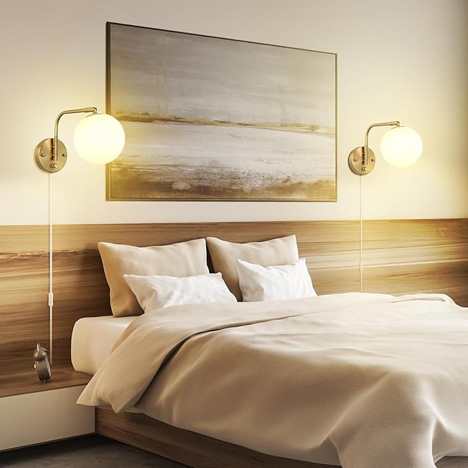 Dimmable Wall Sconces Plug in, Swing Arm Wall Lights with Plug in Cord and Dimmer On/Off Knob Switch, Dimmable Wall Light with Milky White Glass Globe Shade(2 Bulbs Included)
