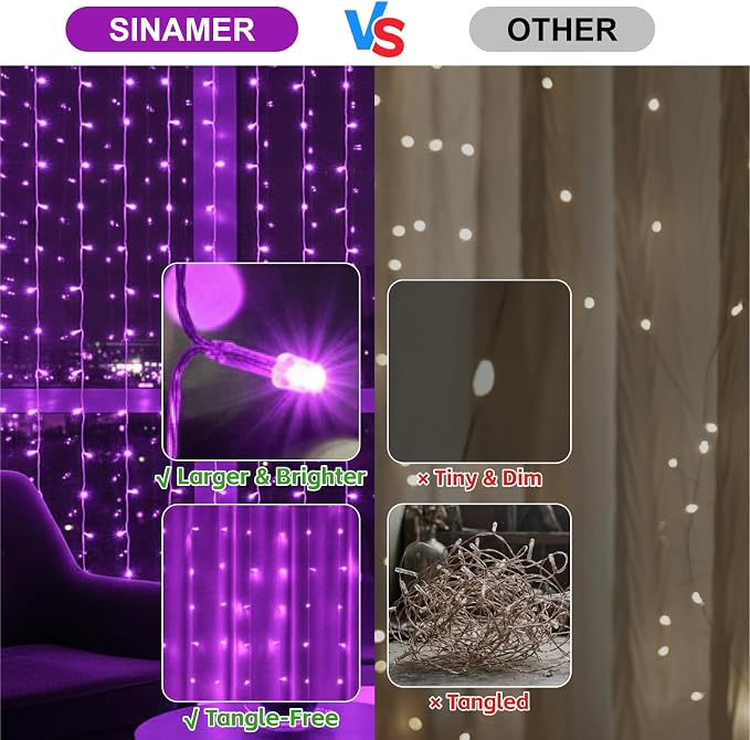Curtain String Light, 200LED 6.6x6.6ft, Remote & 8 Modes, USB | Window Wall Hanging String Lights, For Bedroom, Wedding, Party, Home, Garden and Indoor Decorations, Purple