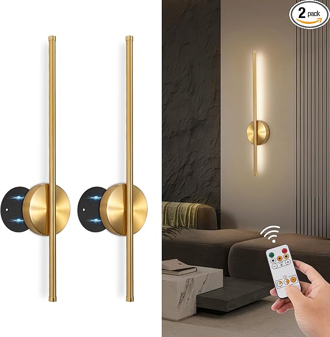 TBattery Operated Wall Sconces Set of Two, Wireless Wall Sconces 24 Inch | Rechargeable, Remote Control, Dimmable, 360°Rotate, Cordless Wall Light Decor for Living Room, Hallway, Timing, Gold