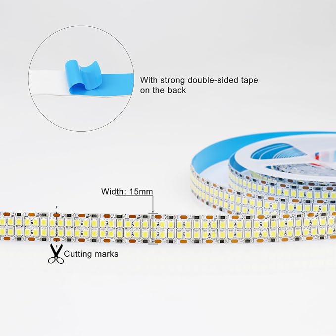 2835 SMD Cold White LED Strip Lights 6500K Double Row 2400 LEDs 5M | 16.4ft Flexible LED Strip Tape Light Ribbon Lamp DC12V LED Daylight Dimmable Strip Lights for Bedroom Living Room Lighting