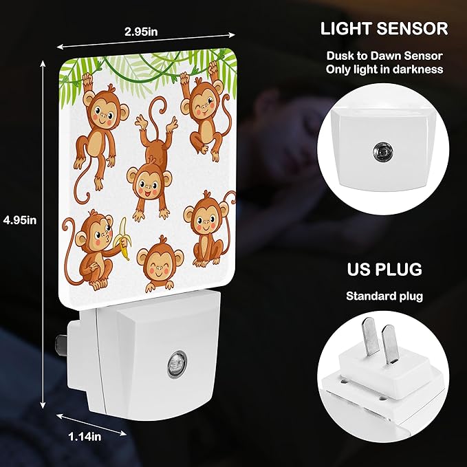 LED Night Light Lamp with Smart Sensor Dusk to Dawn Sensor,Monkey Animal Cartoon Night Light Daylight White,0.5W Plug-into Wall for Adults,Bedroom,Bathroom,Hallway,Kitchen
